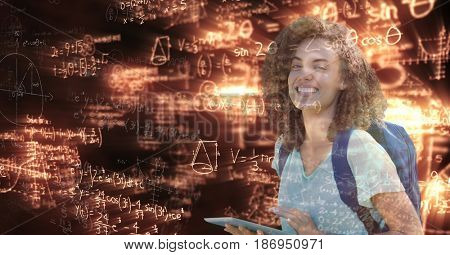 Digital composite of Digitally generated image of female college student with digital tablet looking at glowing math equa
