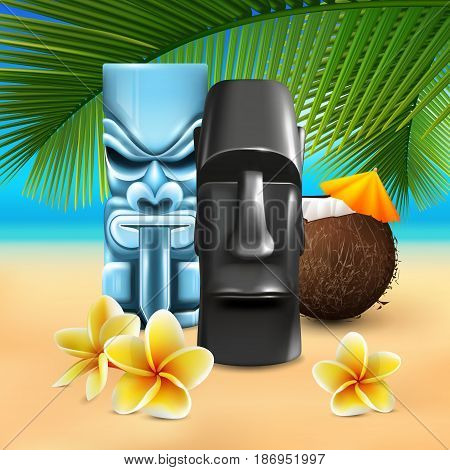 Hawaiian sunny beach illustration with cumbersome coconut and tin god images on colorful sandy seashore background vector illustration