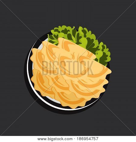 Cartoon vector illustration of Chinese dumplings with salad