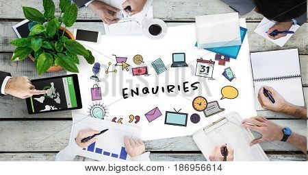 Digital composite of Enquiries text by icons and hands