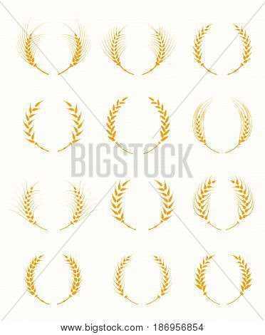 Agricultural symbols isolated on white background. Agriculture grain, organic plant, bread food. Design elements for bread packaging. Set of silhouette circular laurel foliate and wheat wreaths.