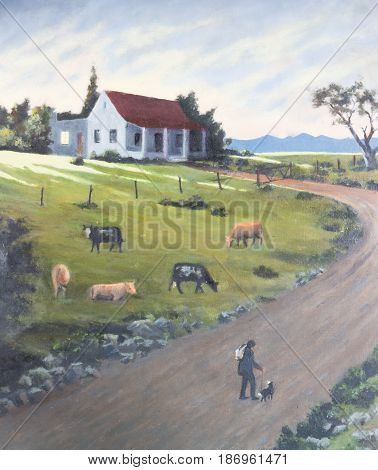 Art painting of humble farm cottage at sundown with cattle herder and dog walking along country road to return home and cows grazing in meadow