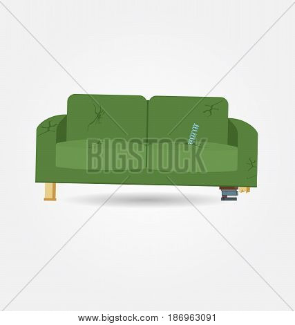 Broken old couch with holes and spring from the seat. Flat vector illustration.