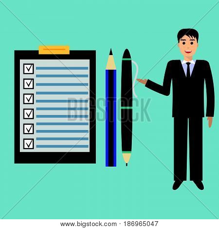 Happy businessman points to checklist pen and pencil. To-do list and planning project with office supplies. Flat icon modern design style illustration concept.
