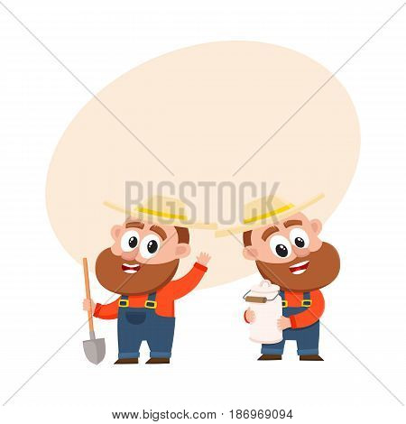 Two funny farmer, gardener characters in straw hat and overalls, one holding shovel another with milk can, cartoon vector illustration with space for text. Couple of comic farmer characters