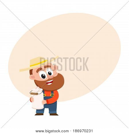 Funny farmer, gardener character in straw hat and overalls holding retro style milk can, canister, cartoon vector illustration with space for text. Comic farmer character, design elements
