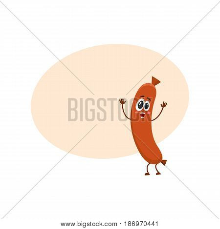 Cute and funny sausage character with human face showing awe, admiring something, cartoon vector illustration with space for text. Sausage character, mascot, looking at something with awe