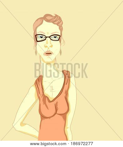 There was a young blond unhappy serious woman with glasses a dress with shoulder straps and earrings.
