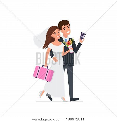 Young newlyweds go on a wedding travel. Vector illustration.