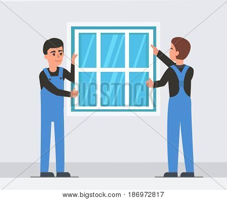 Workers install plastic window. Vector flat  illustration.