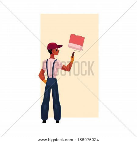 Black, African American painter painting wall with big brush, cartoon vector illustration isolated on white background. Full length portrait of black, African painter, construction worker, rear view