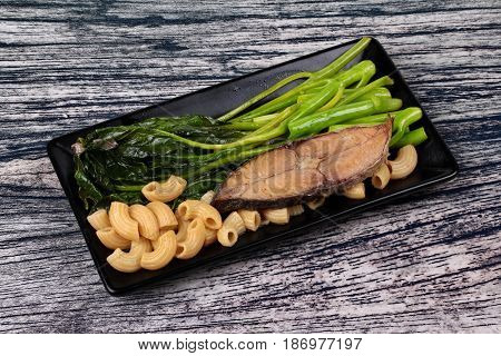 Fried Chinese Kale And Macaroni With Deep-fried Dried Salted Sea Fish.