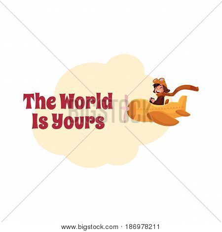 The World is Yours postcard, banner, poster design with little boy pilot in airplane, cartoon vector illustration. Little boy flying in airplane, plane, aircraft, travel poster template