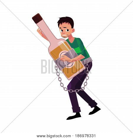 Unshaven man holding bottle of liquor, chained to it, alcohol dependence, abuse, disorder, cartoon vector illustration isolated on white background. Man chained to alcohol bottle he holds in hands