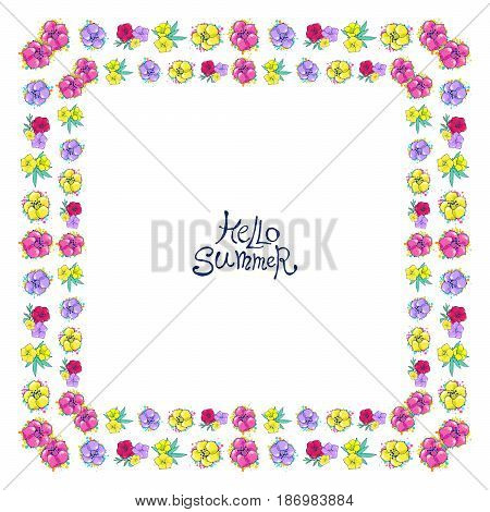Floral frame with colorful exotic flowers. Nature square hand drawn border on white background. Vector decoration. Good for greeting cards and invitations.