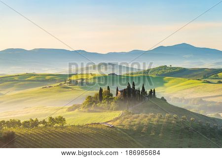 Beautiful foggy landscape in Tuscany, Italy
