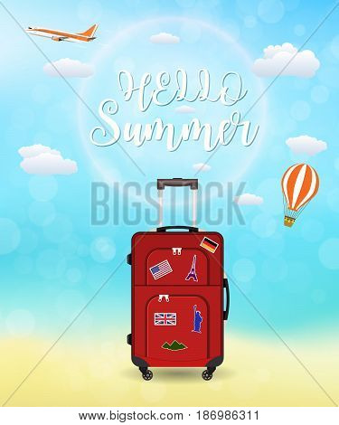 Vacation travelling composition with the bag. Touristic sighns concept. Hello summer holidays. vector illustration