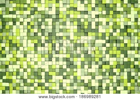3d illustration: mosaic abstract background, colored blocks white, light and dark green, verdant, leafy, emerald color. Spring, Summer. Range of shades. small squares, cell. Wall of cubes. Pixels art.