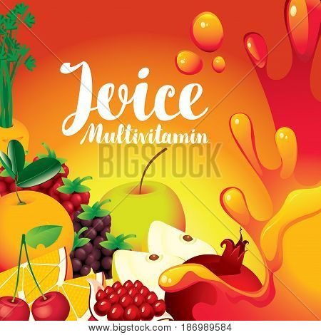 vector label for packaging of juice with different fruits and berries and inscription fresh juice multivitamin on orange background