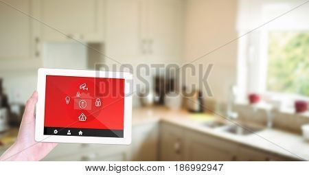 Digital composite of Hand using smart home app in kitchen