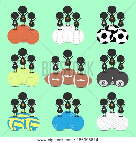 Black man character cartoon stand on sports balls and get bronze silver gold medal . Flat graphic. logo design. sports cartoon. sports balls. victory sign. vector. illustration.