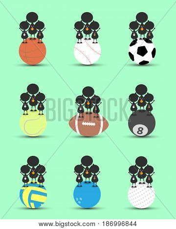 Black man character cartoon stand on single sports ball and get bronze silver gold medal . Flat graphic. logo design. sports cartoon. sports balls. victory sign. vector.