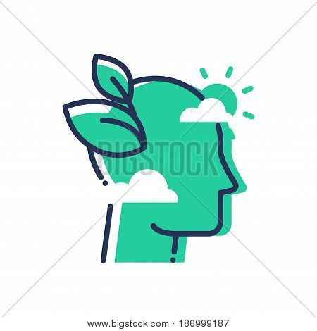 Green Mind - modern vector single line icon. An image of an emerald head in the clouds, sun, leaves. Representation of smart thinking, eco idea, inspiration, hope