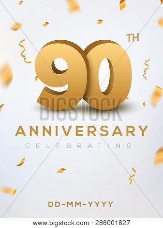 90 Anniversary Gold Numbers With Golden Confetti. Celebration 90th Anniversary Event Party Template