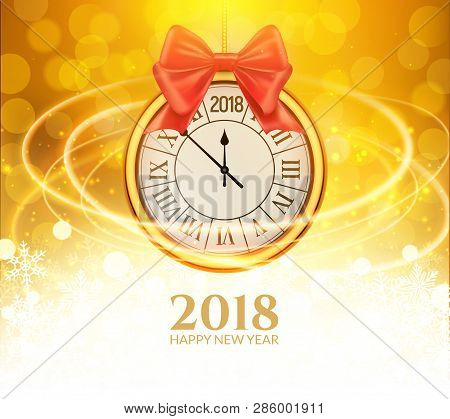 2018 New Year Shining Background With Clock. Happy New Year 2018 Celebration Decoration Golden Balls