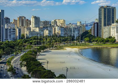 City Of Rio De Janeiro, Brazil, In The Background, Neighborhood Of Urca And Botafogo. South America.