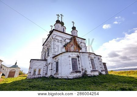 Old Orthodox Church At Village. Summer View With Floral Meadow.