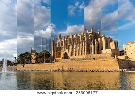 Timeslice At Golden Hour Of La Seu, The Cathedral Of Palma De Mallorca, And Royal Palace Of La Almud