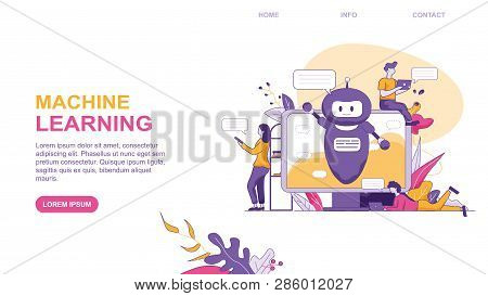 Machine Larning. Vector Flat Illustration Banner Small People Around Computer On Screen Artificial I