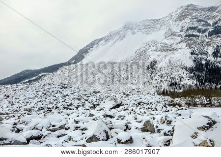 The View From A Base Of A Mountain Where A Huge Rock Slide Took Place.  Huge Boulders Line The Mount