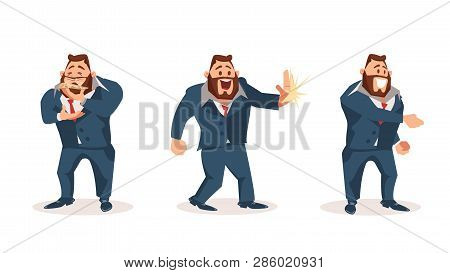 Happy Male Office Worker Character Wear Suit Set. Man Smell Slice Of Pizza. Smiling Boss Give High F