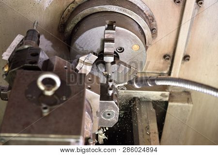 Spindle Chuck And Installed Metal Part In Pocessing On High Precision Cnc Industrial Lathe Turning M