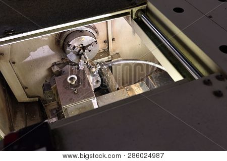 Spindle Chuck And Installed Metal Part In Pocessing On High Precision Cnc Industrial Lathe Turning M