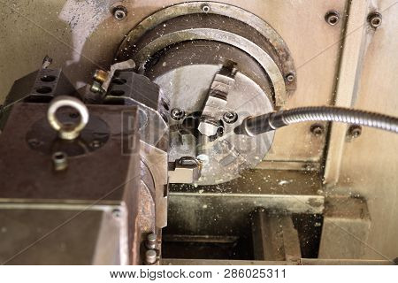 Spindle Chuck And Installed Metal Part In Pocessing On High Precision Cnc Industrial Lathe Turning M
