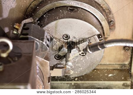 Spindle Chuck And Installed Metal Part In Pocessing On High Precision Cnc Industrial Lathe Turning M