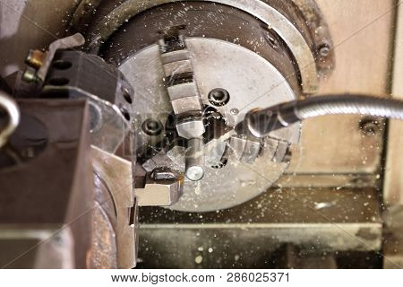 Spindle Chuck And Installed Metal Part In Pocessing On High Precision Cnc Industrial Lathe Turning M