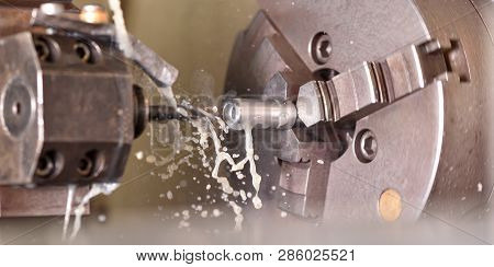 Spindle Chuck And Installed Metal Part In Pocessing On High Precision Cnc Industrial Lathe Turning M