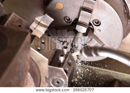 Spindle Chuck And Installed Metal Part In Pocessing On High Precision Cnc Industrial Lathe Turning M