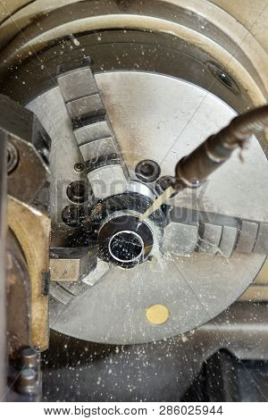 Spindle Chuck And Installed Metal Part In Pocessing On High Precision Cnc Industrial Lathe Turning M