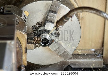 Spindle Chuck And Installed Metal Part In Pocessing On High Precision Cnc Industrial Lathe Turning M