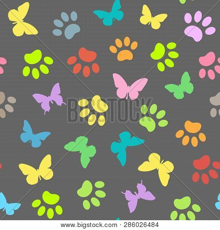 Multi Colored Butterflies And Animal Paws On Grey Background Seamless Pattern.