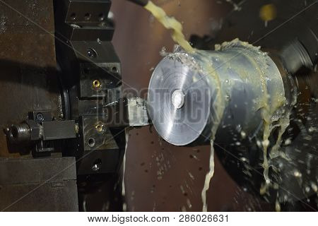 Spindle Chuck And Installed Metal Part In Pocessing On High Precision Cnc Industrial Lathe Turning M
