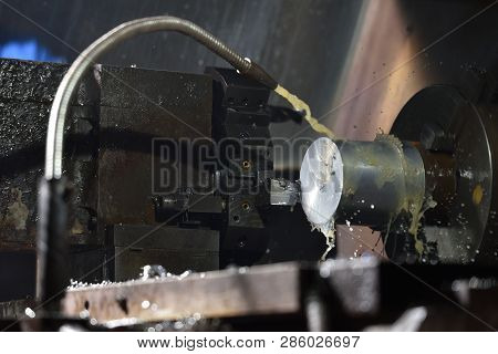 Spindle Chuck And Installed Metal Part In Pocessing On High Precision Cnc Industrial Lathe Turning M
