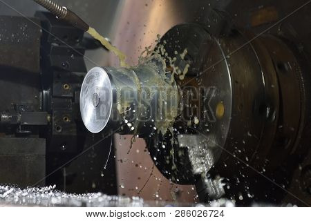 Spindle Chuck And Installed Metal Part In Pocessing On High Precision Cnc Industrial Lathe Turning M