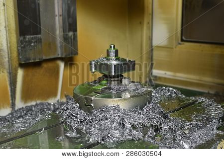Spindle Chuck And Installed Metal Part On High Precision Cnc Industrial Lathe Turning Machine. Metal
