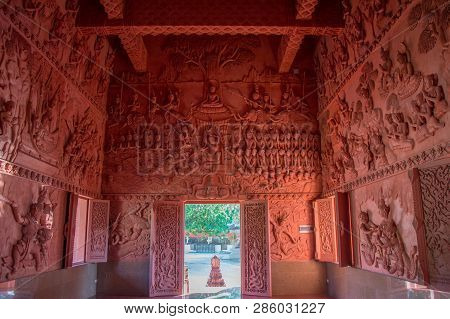 Red Temple - Wat Ratchathammaram On Koh Samui Island, Interior With Decorated Walls